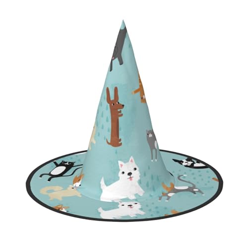 LKLDDPZB Regnende Katzen & Hunde, bedruckt, Halloween-Hexenhut, für Damen und Herren, spitzer Hut, Dekoration, Cosplay von LKLDDPZB