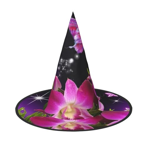 LKLDDPZB Rosa Blume und Schmetterling gedruckt Halloween Hexenhut für Damen und Herren spitzer Hut Dekoration Cosplay von LKLDDPZB