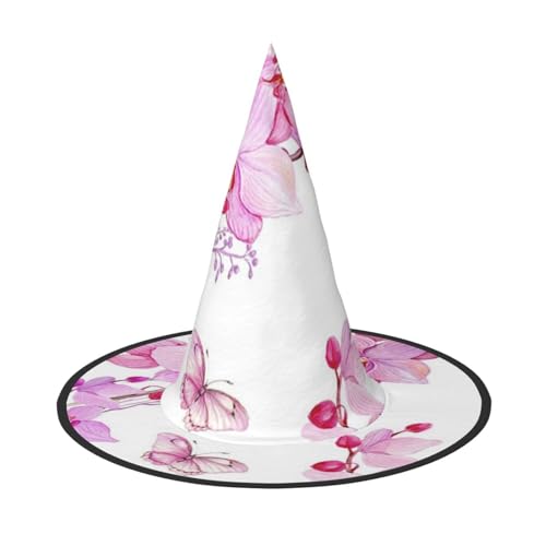 LKLDDPZB Rosa Blumen und Schmetterling gedruckt Halloween Hexenhut für Damen und Herren Spitzhut Dekoration Cosplay von LKLDDPZB