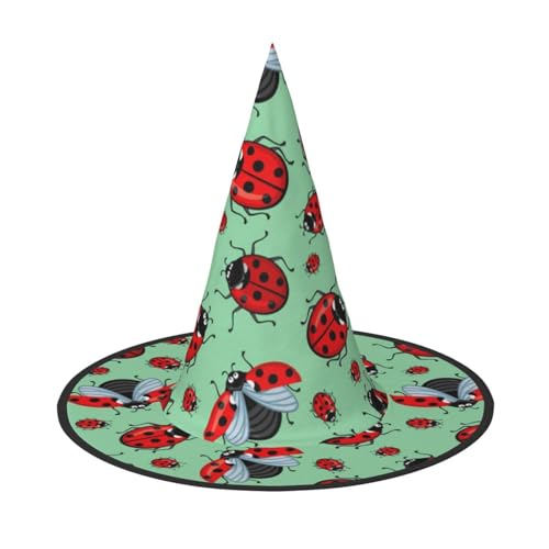LKLDDPZB Rote Marienkäfer auf blauem Hintergrund, bedruckt, Halloween-Hexenhut für Damen und Herren, spitzer Hut, Dekoration, Cosplay von LKLDDPZB