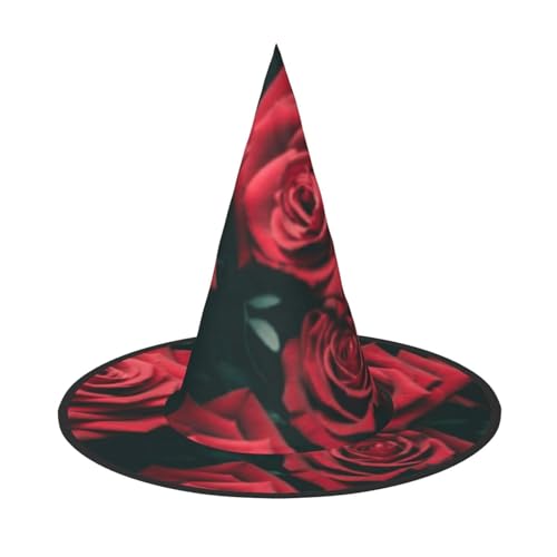 LKLDDPZB Rote Rose bedruckter Halloween-Hexenhut für Damen und Herren, spitzer Hut, Dekoration, Cosplay von LKLDDPZB