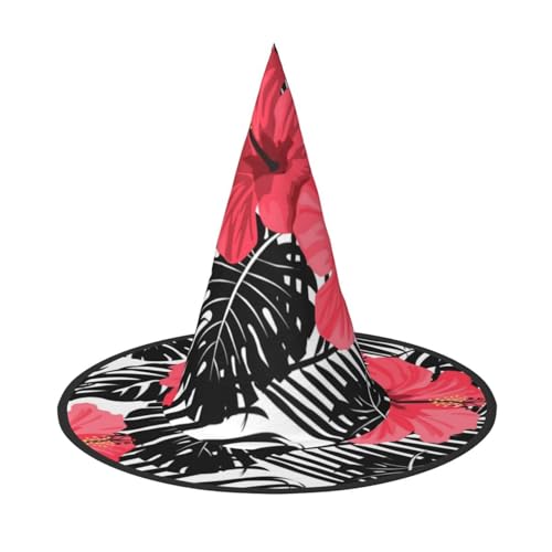 LKLDDPZB Roter Hibiskus bedruckter Halloween-Hexenhut für Damen und Herren, spitzer Hut, Dekoration, Cosplay von LKLDDPZB