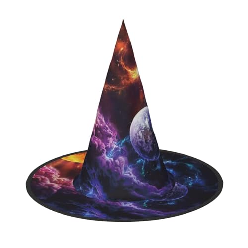 LKLDDPZB Schöner Galaxie-bedruckter Halloween-Hexenhut für Damen und Herren, spitzer Hut, Dekoration, Cosplay von LKLDDPZB