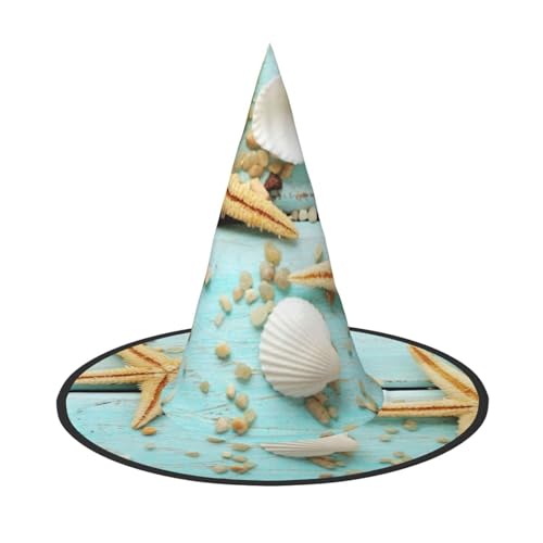 LKLDDPZB Seestern-Muschel aus blauem Holz auf Strandlandschaft, bedruckt, Halloween-Hexenhut für Damen und Herren, spitzer Hut, Dekoration, Cosplay von LKLDDPZB