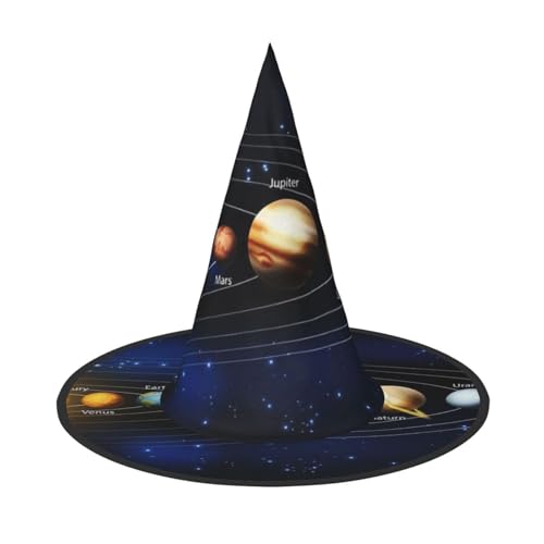 LKLDDPZB Sonnensystem bedruckter Halloween-Hexenhut für Damen und Herren, spitzer Hut, Dekoration, Cosplay von LKLDDPZB