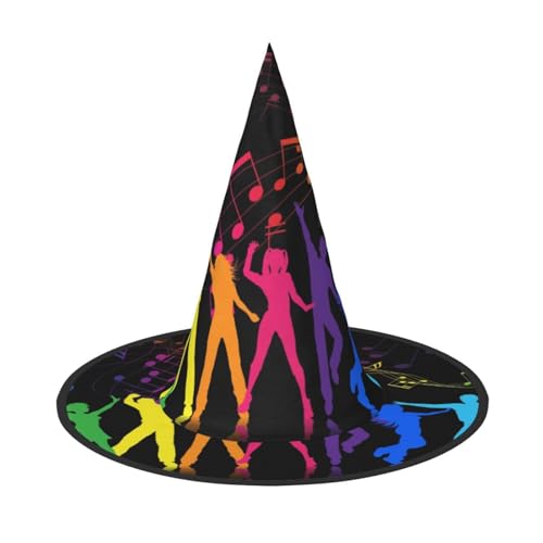 LKLDDPZB Tanzen mit Musik bedruckter Halloween-Hexenhut für Damen und Herren, spitzer Hut, Dekoration, Cosplay von LKLDDPZB