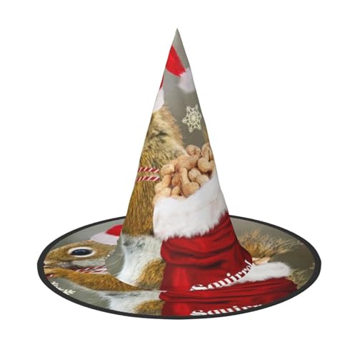 LKLDDPZB Weihnachtliches Eichhörnchen bedruckter Halloween-Hexenhut für Damen und Herren, spitzer Hut, Dekoration, Cosplay von LKLDDPZB