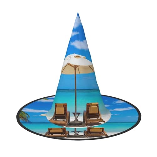 LKLDDPZB Weißer Strand, tropisches Meer, bedruckt, Halloween-Hexenhut, für Damen und Herren, spitzer Hut, Dekoration, Cosplay von LKLDDPZB