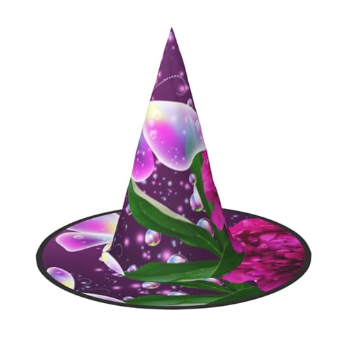 LKLDDPZB Wunderschöner lila Schmetterlings-Blumendruck, Halloween-Hexenhut für Damen und Herren, spitzer Hut, Dekoration, Cosplay von LKLDDPZB