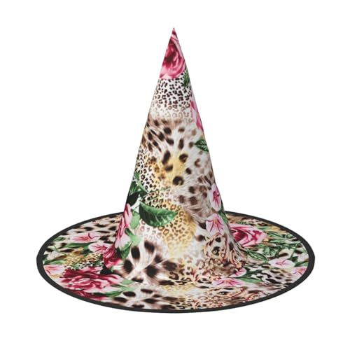 Tier-Hexenhut mit Leopardenmuster, Rose, Blume, bedruckt, Halloween, für Damen und Herren, spitzer Hut, Dekoration, Cosplay von LKLDDPZB