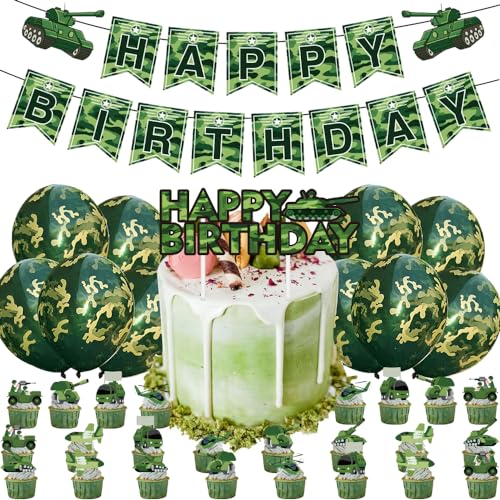 LKNBIF Camouflage Geburtstagsfeier Dekorationen, 36 Stück Grüne Camo Alles Gute zum Geburtstag Banner Hängende Strudel Cupcake Toppers für Jungen Mädchen Erwachsene von LKNBIF