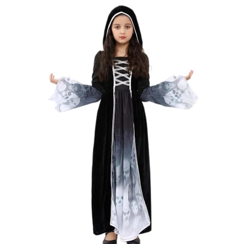 LKOIVNED Halloween Kostüm Mädchen, Sensenmann Kostüm Kinder, Gespensterprinzessin Kostüm mit Schwarz Kapuze, Grim Reaper Costume Kids für Halloween Karnevals Cosplay (M) von LKOIVNED