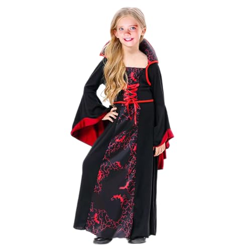 LKOIVNED Vampir Kostüm Mädchen, Faschingskostüme Kinder Mädchen, Mittelalter Vampir Kostüm Kinder Schwarz Rot Elegante Queen Dress Up Party Verkleidung Fasching Karneval Cosplay Kostüme (110) von LKOIVNED