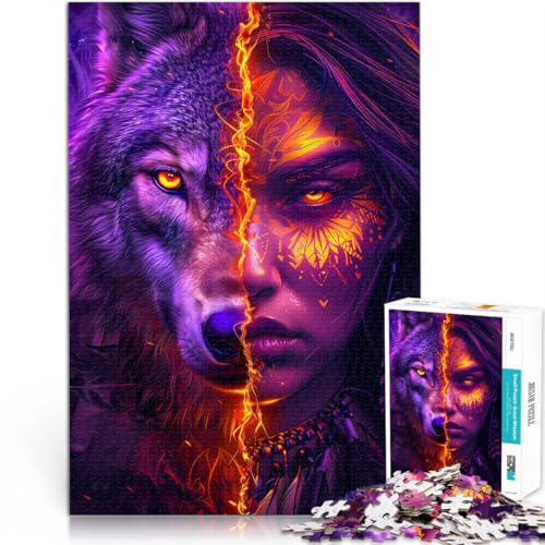 1000-Teile-Puzzles für Erwachsene Orange leuchtende Wolfsfrau Aus Holz，ab 14 Jahren Lernspiele für Erwachsene und Jugendliche Geschenk - Herausforderndes Spiel。Größe：50x75cm/19.6x29.5Zoll von LKSDCBOT