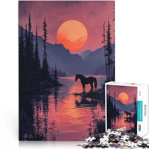 1000-teiliges Puzzle für Erwachsene Silhouette Pferd Sonnenuntergang Aus Holz，für 14+ Puzzlespiel Tolle Geschenke und Spielzeuge。Größe：50x75cm/19.6x29.5Zoll von LKSDCBOT