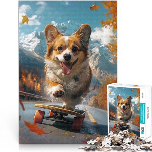 Puzzle für Erwachsene 1000 Teile Corgi-Skateboarden Aus Karton，ab 14 Jahren Praktisches Spiel Tolle Geschenke und Spielzeuge。Größe：26x38cm/10.2x14.9Zoll von LKSDCBOT