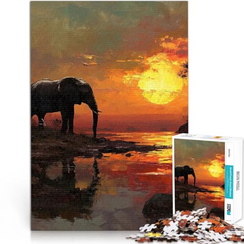 Puzzle für Erwachsene 1000 Teile Elefanten-Sonnenuntergang Aus Karton，für 14+ Präzisionsschneiden tolles Geschenk。Größe：38x52cm/14.9x20.4Zoll von LKSDCBOT