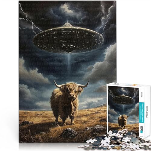 für Erwachsene 1000 Teile Puzzle UFO-Entführung durch Hochlandrinder Aus Karton，ab 14 Jahren Stressabbau Schwierige Herausforderung Angebot als Geschenk für die ganze Familie。Größe：26x38cm von LKSDCBOT