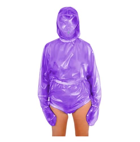 LKUITEGOGFB Langer PVC-Jumpsuit mit Kapuze und Reißverschluss hinten, Kunststoff, elastisch, für Halloween, Cosplay, Kostüm, Lila, Größe S von LKUITEGOGFB