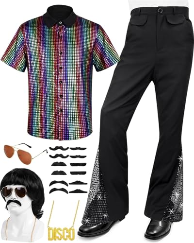 LLECDASEUI 6 Stück Männer 70er Jahre Disco Kostüme Enthalten Retro Shirt Bell Bottom Hose Perücke Sonnenbrille Halskette Perücke Kappe Für Disco Party (L) von LLECDASEUI