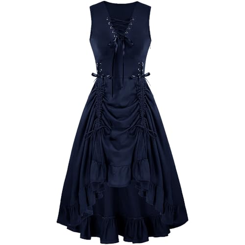 LLECDASEUI Gothic Kleid Viktorianische Kleidung für Frauen Cinched Taille Renaissance Kleider Steampunk Vintage Hexe Renaissance Mittelalter Kostüm (Blau,XL) von LLECDASEUI