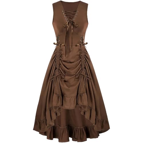 LLECDASEUI Gothic Kleid Viktorianische Kleidung für Frauen Cinched Taille Renaissance Kleider Steampunk Vintage Hexe Renaissance Mittelalter Kostüm (Braun,S) von LLECDASEUI