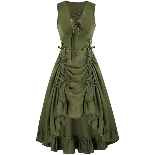 LLECDASEUI Gothic Kleid Viktorianische Kleidung für Frauen Cinched Taille Renaissance Kleider Steampunk Vintage Hexe Renaissance Mittelalter Kostüm (Grün,S) von LLECDASEUI