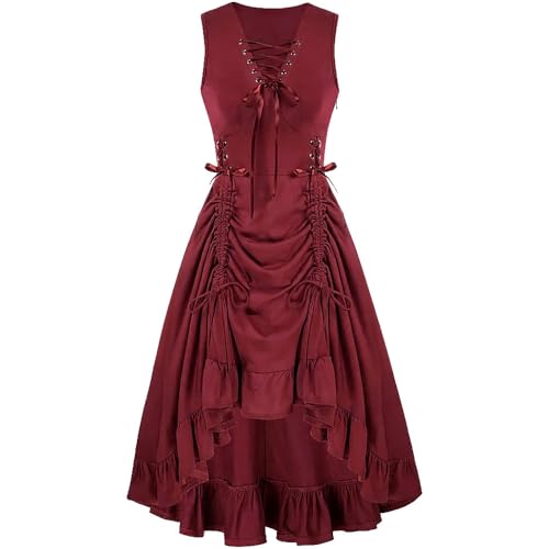 LLECDASEUI Gothic Kleid Viktorianische Kleidung für Frauen Cinched Taille Renaissance Kleider Steampunk Vintage Hexe Renaissance Mittelalter Kostüm (Rot,S) von LLECDASEUI