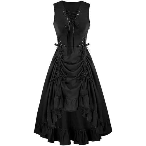 LLECDASEUI Gothic Kleid Viktorianische Kleidung für Frauen Cinched Taille Renaissance Kleider Steampunk Vintage Hexe Renaissance Mittelalter Kostüm (Schwarz,M) von LLECDASEUI