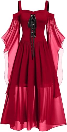 Halloween Kostüme für Frauen 2024 Kalte Schultern Feenkleid Chiffon Vintage Kleid Schlagschulter Renaissance Kleid (Rot,M) von LLECDASEUI