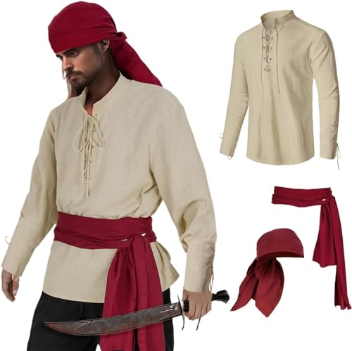 LLECDASEUI Herren Renaissance-Hemd Pirat Mittelalterlich Wikinger Top Leinen Langarm Halloween Kostüm (Khaki,3XL) von LLECDASEUI