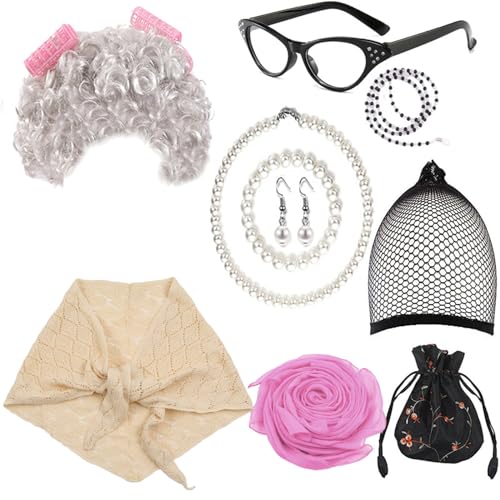 LLHCF Cosplay-Kostüm-Set für alte Dame, Oma, Perücke, Brille, Halskette, Schal, Kostümzubehör für Halloween, Maskerade, Party-Requisiten LLHCF Cosplay-Kostüm-Set für alte Dame, Oma, Perücke, Brille, Halskette, Schal, Kostümzubehör für Halloween, Maskerade, Party-Requisiten von LLHCF