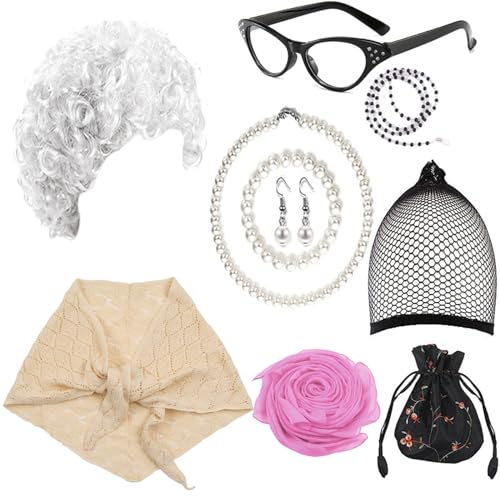 LLHCF Cosplay-Kostüm-Set für alte Dame, Oma, Perücke, Brille, Halskette, Schal, Kostümzubehör für Halloween, Maskerade, Party-Requisiten LLHCF Cosplay-Kostüm-Set für alte Dame, Oma, Perücke, Brille, Halskette, Schal, Kostümzubehör für Halloween, Maskerade, Party-Requisiten von LLHCF