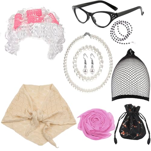 LLHCF Cosplay-Kostüm-Set für alte Dame, Oma, Perücke, Brille, Halskette, Schal, Kostümzubehör für Halloween, Maskerade, Party-Requisiten LLHCF Cosplay-Kostüm-Set für alte Dame, Oma, Perücke, Brille, Halskette, Schal, Kostümzubehör für Halloween, Maskerade, Party-Requisiten von LLHCF