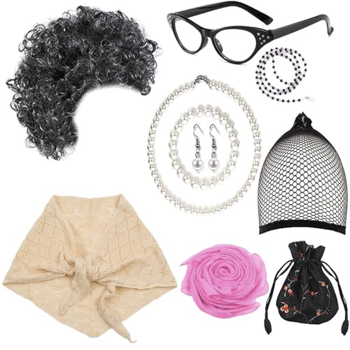 LLHCF Cosplay-Kostüm-Set für alte Dame, Oma, Perücke, Brille, Halskette, Schal, Kostümzubehör für Halloween, Maskerade, Party-Requisiten LLHCF Cosplay-Kostüm-Set für alte Dame, Oma, Perücke, Brille, Halskette, Schal, Kostümzubehör für Halloween, Maskerade, Party-Requisiten von LLHCF
