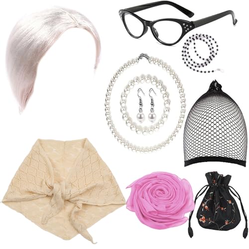LLHCF Cosplay-Kostüm-Set für alte Dame, Oma, Perücke, Brille, Halskette, Schal, Kostümzubehör für Halloween, Maskerade, Party-Requisiten LLHCF Cosplay-Kostüm-Set für alte Dame, Oma, Perücke, Brille, Halskette, Schal, Kostümzubehör für Halloween, Maskerade, Party-Requisiten von LLHCF