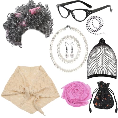 LLHCF Cosplay-Kostüm-Set für alte Dame, Oma, Perücke, Brille, Halskette, Schal, Kostümzubehör für Halloween, Maskerade, Party-Requisiten von LLHCF