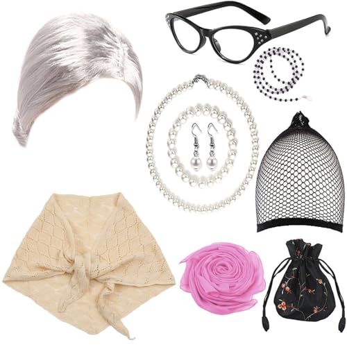 LLHCF Cosplay-Kostüm-Set für alte Dame, Oma, Perücke, Brille, Halskette, Schal, Kostümzubehör für Halloween, Maskerade, Party-Requisiten von LLHCF