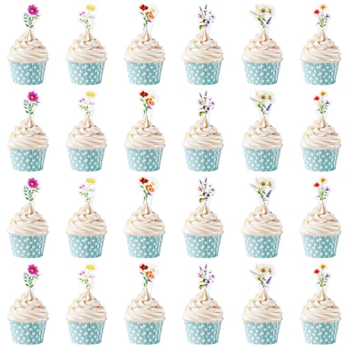 Cupcake-Topper mit Wildblumen-Motiv, für Geburtstagspartys, Babypartys, Dekorationen für Mädchen, Frauen, Garten, Fee, Party, Dekoration, 48 Stück Cupcake-Topper mit Wildblumen-Motiv, für Geburtstagspartys, Babypartys, Dekorationen für Mädchen, Frauen, Garten, Fee, Party, Dekoration, 48 Stück von LLMSIX