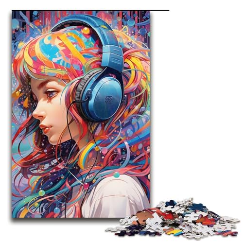1000-teiliges Kopfhörer-Anime-Mädchen-Puzzle für Erwachsene, Holzpuzzles, Lernspiel, Herausforderungsspielzeug, Größe 50 x 75 cm von LLONGKT