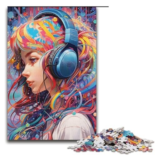 1000-teiliges Kopfhörer-Anime-Mädchen-Puzzle für Erwachsene, Spaß für die ganze Familie, lustige Puzzles für und Teenager ab 14 Jahren, Größe 38 x 26 cm von LLONGKT