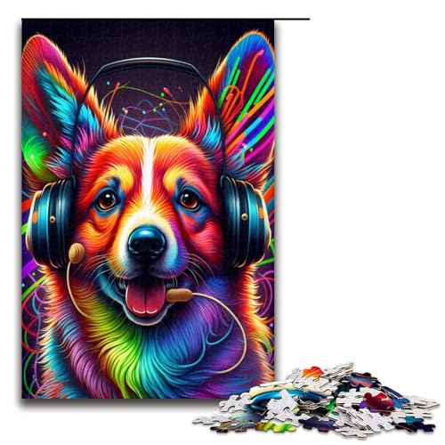 1000-teiliges Kopfhörer-Corgi-Puzzle für Erwachsene, Familienaktivitätspuzzle, lustiges Geschenk für Teenager ab 14 Jahren, Größe 50 x 75 cm von LLONGKT