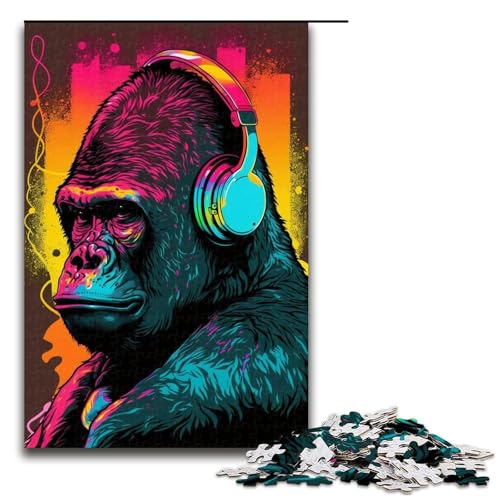 1000-teiliges Kopfhörer-Gorilla-Puzzle für Erwachsene und Teenager – Holzpuzzle zur Heimdekoration, Größe 50 x 75 cm von LLONGKT