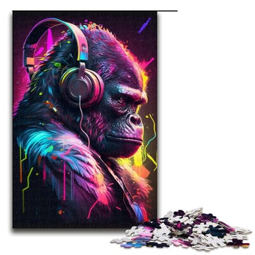 1000-teiliges Kopfhörer-Gorilla-Puzzle für Erwachsene. Das unmögliche Puzzle ganze Familie (Größe 50 x 75 cm) von LLONGKT