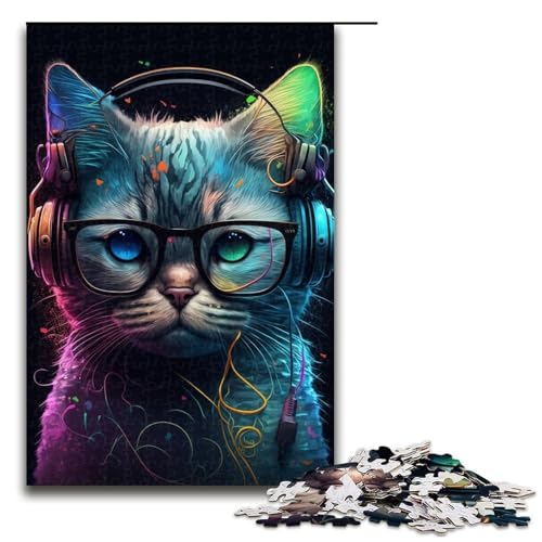 1000-teiliges Kopfhörer-Katzen-Puzzle für Erwachsene, Puzzle für die Gehirnintelligenz, süchtig machendes Spielzeug, Größe 50 x 75 cm von LLONGKT