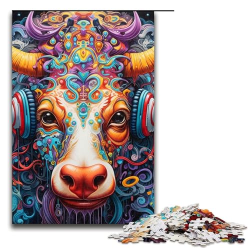 1000-teiliges Kopfhörer-Kuh-Puzzle für Erwachsene, Spaß für die ganze Familie, lustige Puzzles für und Teenager ab 14 Jahren, Größe 50 x 75 cm von LLONGKT