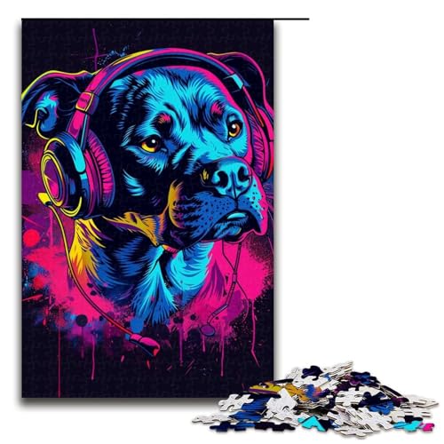 1000-teiliges Pitbull mit Kopfhörer-Puzzle für Erwachsene, Puzzle für Lernspiele, Herausforderung, Spielzeug, Kunstwerk, Geschenk, Größe 50 x 75 cm von LLONGKT