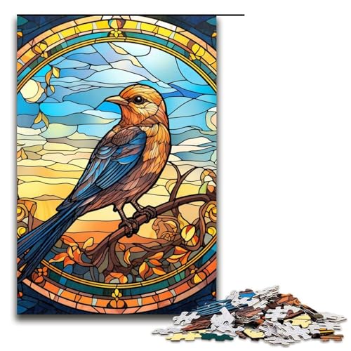 1000-teiliges Puzzle, Buntglas-Spatz, Holzpuzzle, Lernspielzeug, Familienspiele, Größe 50 x 75 cm von LLONGKT