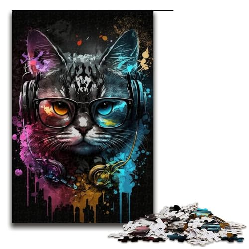 1000-teiliges Puzzle, Kopfhörer, Katze, Puzzle, Holzpuzzle, Lernspielzeug, Größe 50 x 75 cm von LLONGKT