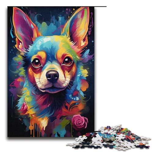 1000-teiliges Puzzle, Malen, farbenfrohes Chihuahua-Hundekunst-Puzzle für Erwachsene und Teenager, Papppuzzle, Lernspiel, Herausforderungsspielzeug (Größe 38 x 26 cm) von LLONGKT